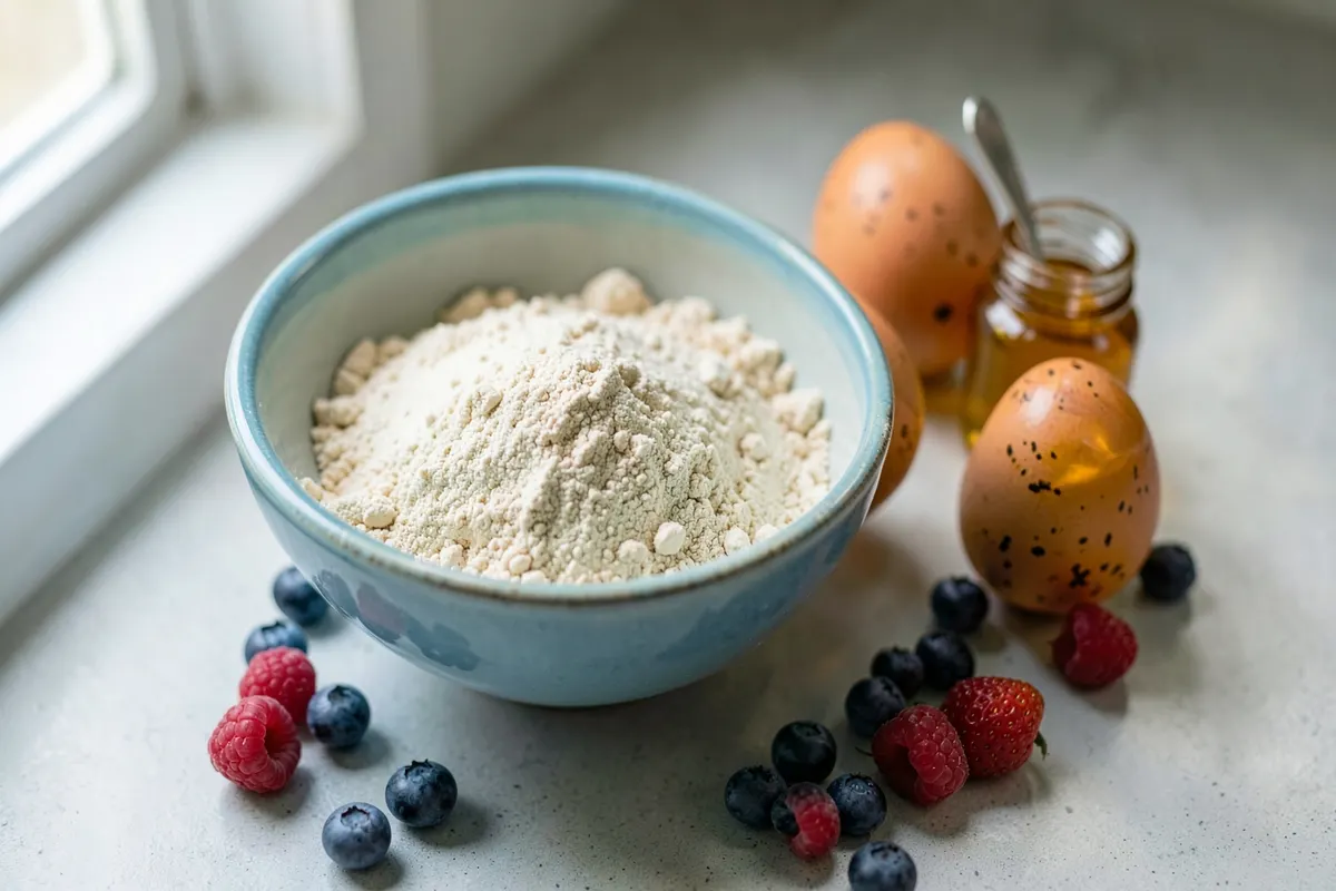 Uma tigela com farinha de amêndoa, ovos, mel e frutas vermelhas frescas, ingredientes para um bolo saudável.