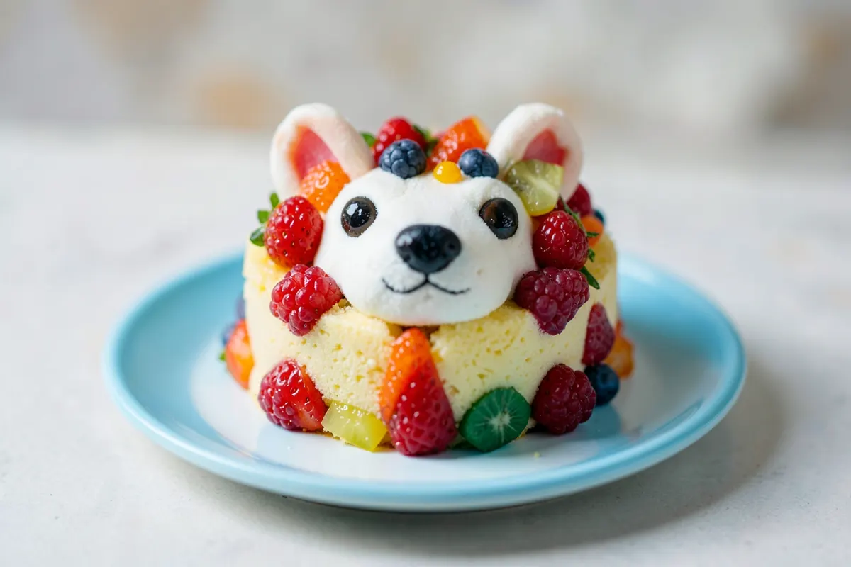 Um bolo pequeno em formato de animal, decorado com frutas, servido em um prato infantil.