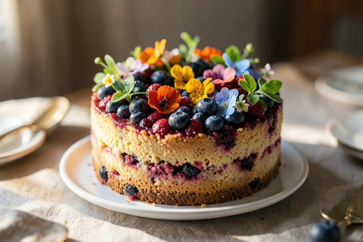 Um bolo de frutas vermelhas decorado com flores comestíveis em uma mesa posta.