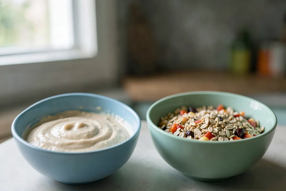 Uma tigela com massa de bolo tradicional ao lado de uma tigela com massa de bolo saudável feita com aveia e frutas.
