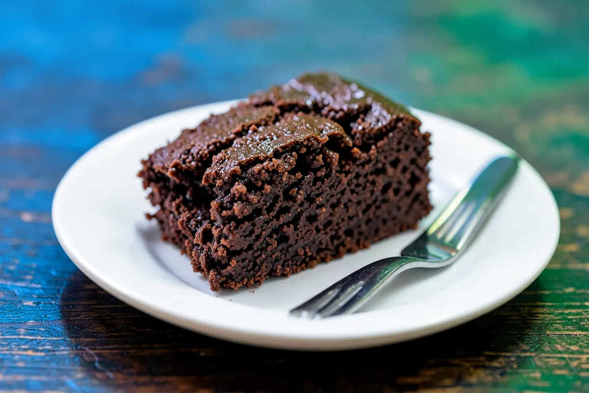 Um pedaço de bolo de chocolate vegano em um prato, com um garfo ao lado.