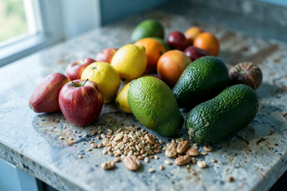 Uma pessoa organizando frutas e ingredientes saudáveis em uma bancada de cozinha.