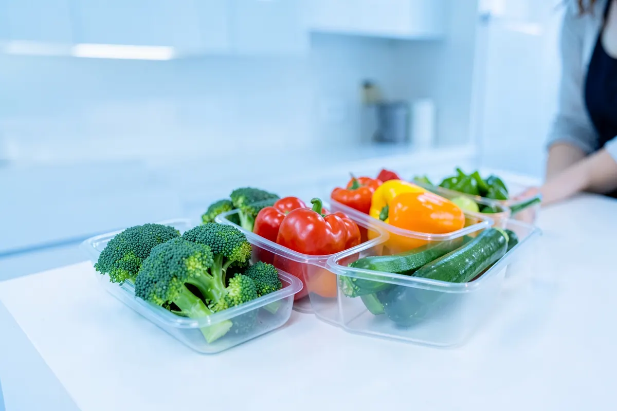 Uma pessoa organizando legumes frescos como brócolis, pimentão e abobrinha em recipientes transparentes para planejamento de refeições.