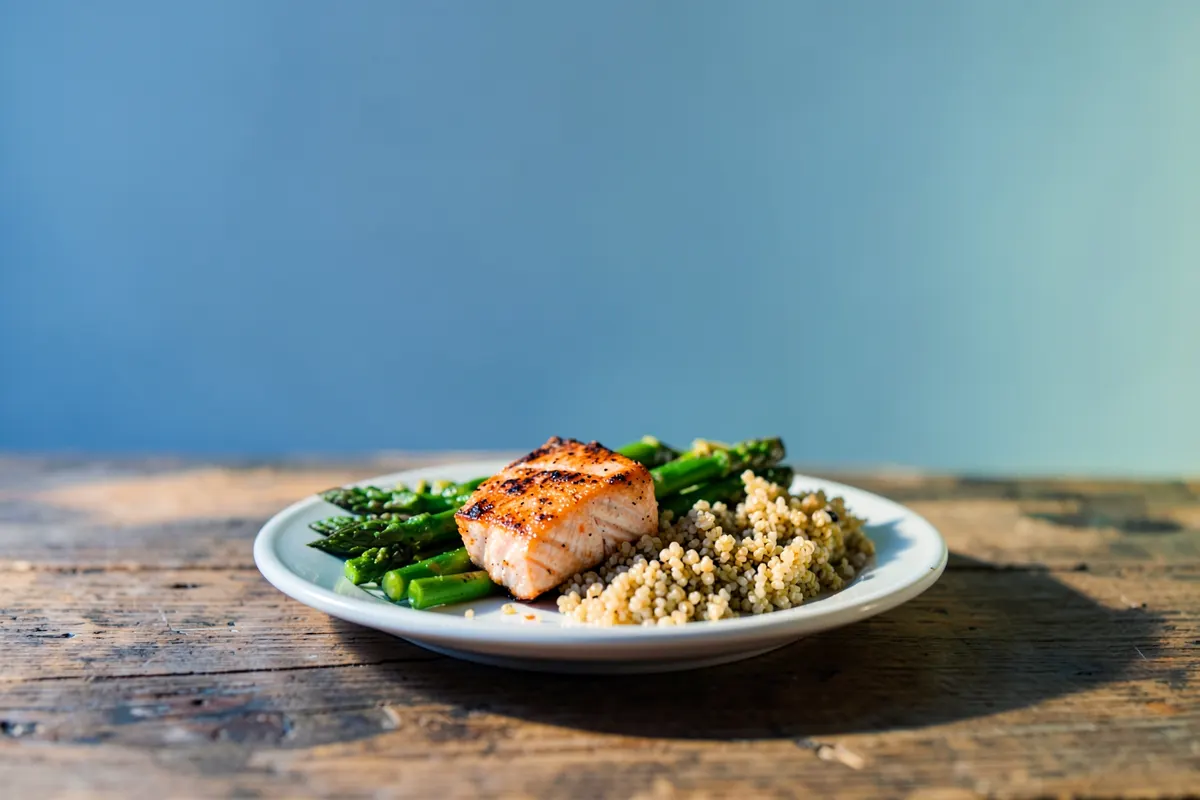Um prato com filé de salmão grelhado servido com aspargos e quinoa, em uma mesa rústica de madeira.