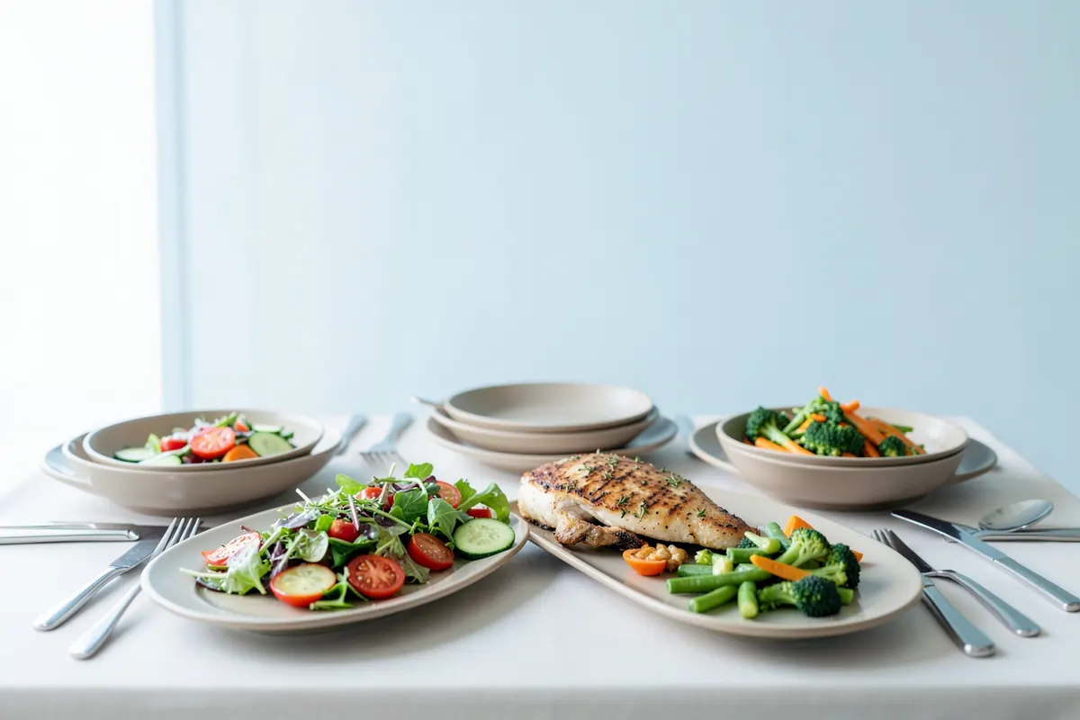Uma mesa de jantar posta com vários pratos saudáveis, incluindo uma salada, frango grelhado e uma travessa de legumes cozidos.