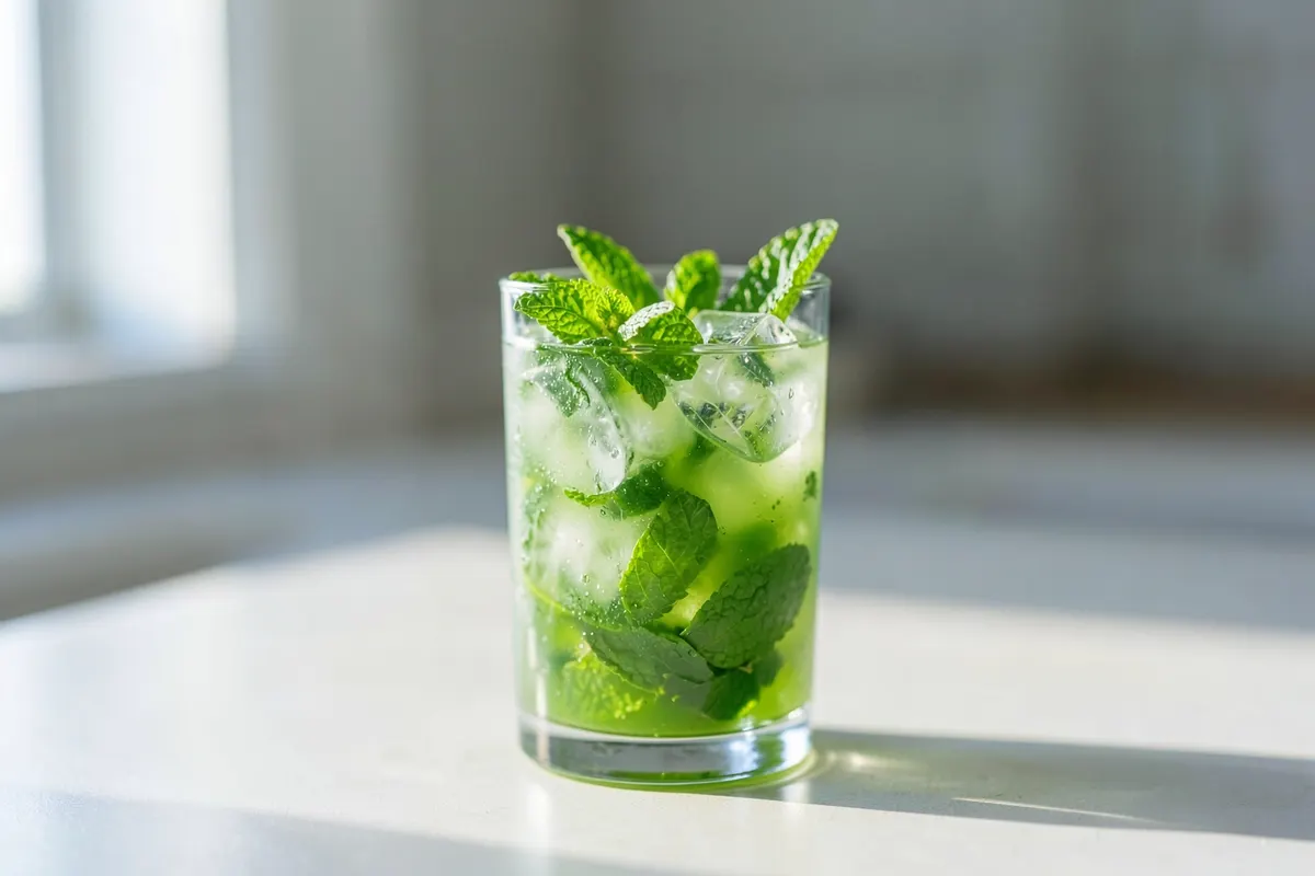 Um close-up de um copo de suco verde fresco com folhas de hortelã e gelo, em uma bancada de cozinha iluminada pelo sol.