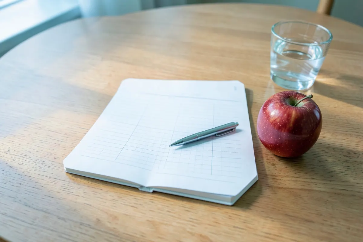 Uma pessoa escrevendo em um caderno com uma caneta, com uma maçã e um copo de água ao lado, em uma mesa de madeira.