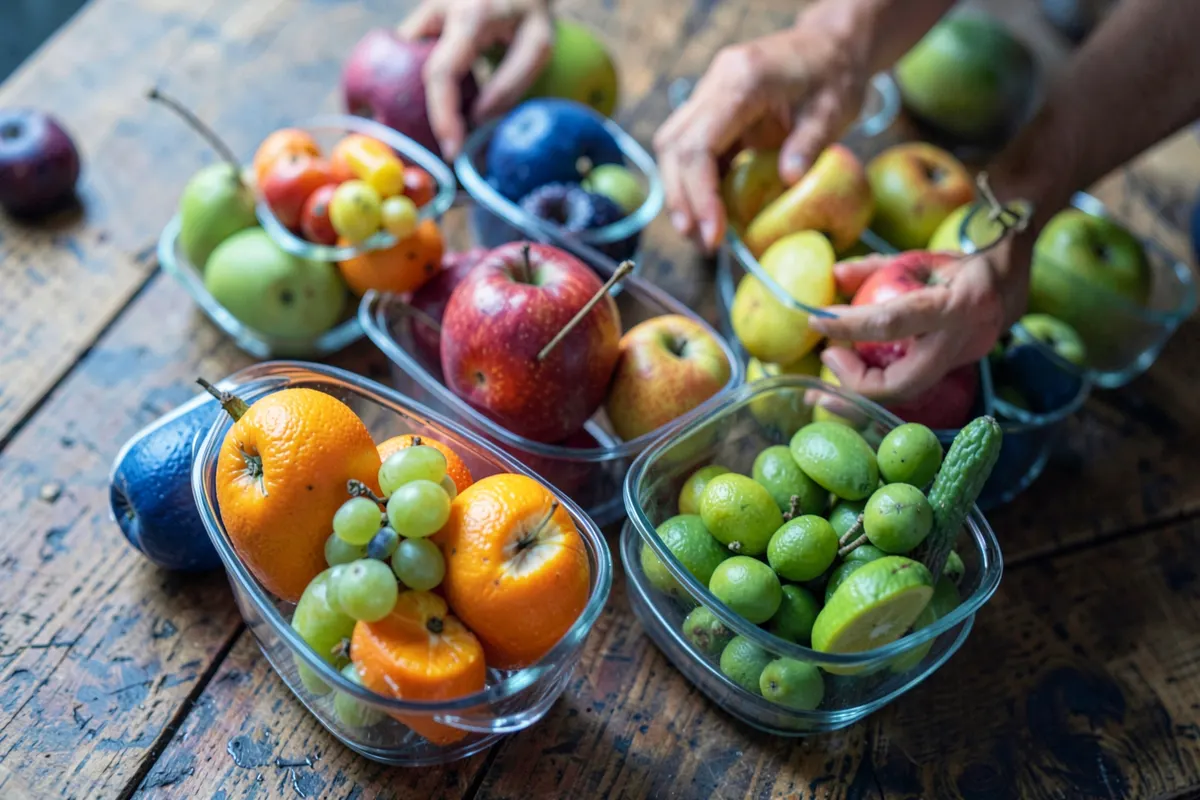 Mãos organizando frutas e legumes em potes de vidro, simbolizando planejamento de refeições.