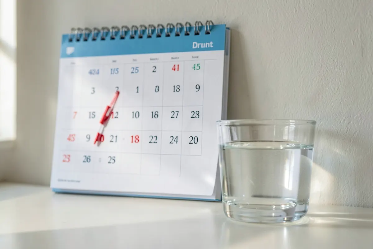 Calendário com marcações e um copo d'água ao lado, indicando consistência e hidratação.