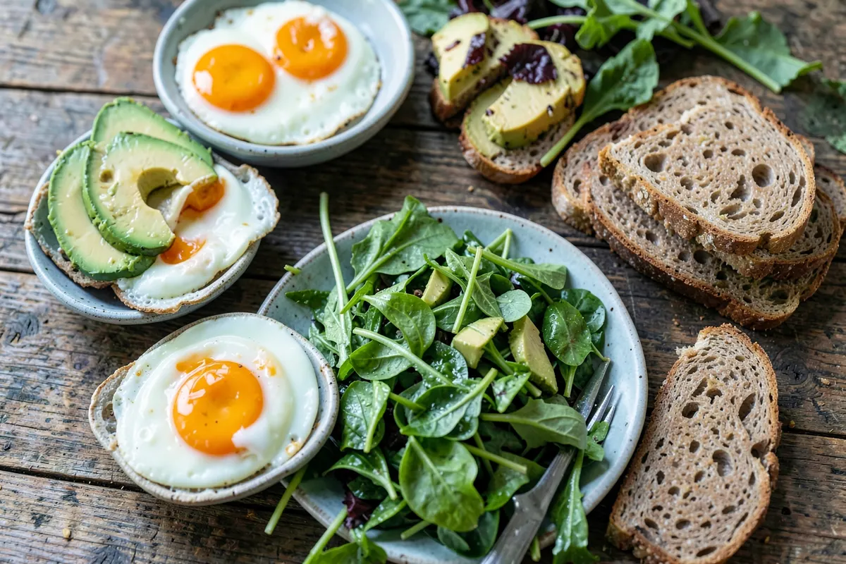 Mesa com diversos alimentos saudáveis como ovos, abacate, folhas verdes e pão integral.