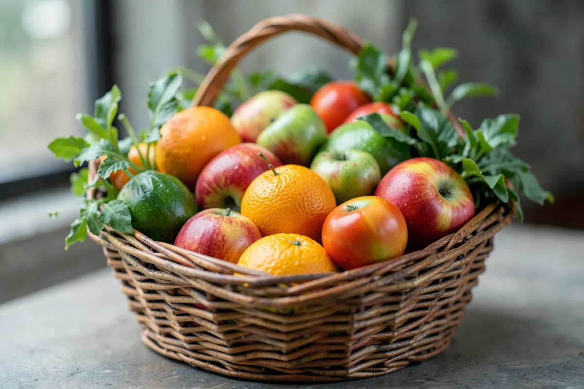 Cesta de vime transbordando de frutas frescas e vegetais orgânicos.