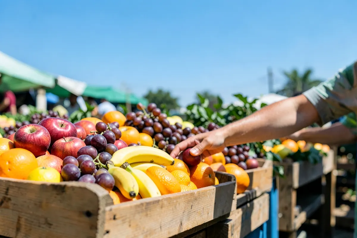Uma pessoa escolhendo frutas frescas em uma feira livre, com uma variedade de frutas vibrantes em exposição.