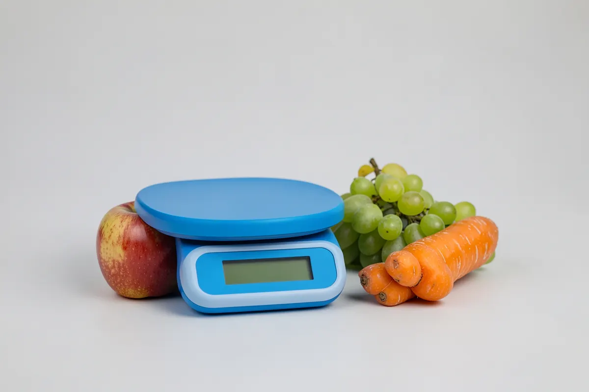 Uma balança de cozinha com frutas e vegetais ao lado, simbolizando o controle e a porção na alimentação.