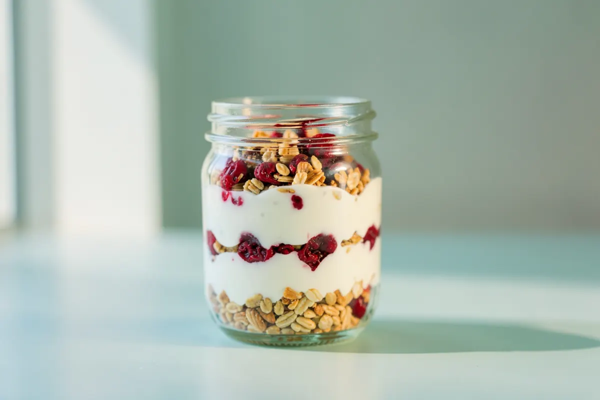 Um pote de vidro com camadas de iogurte, granola e frutas vermelhas, representando um café da manhã nutritivo.