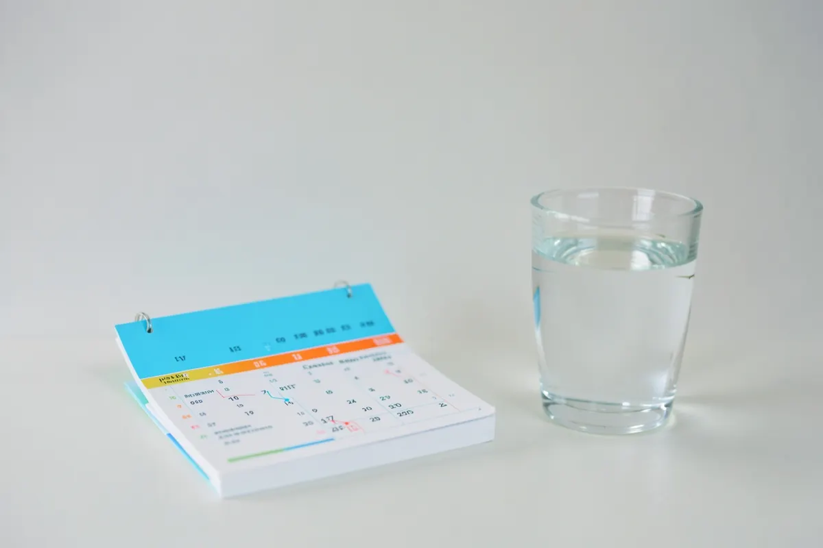 Um calendário com dias marcados e um copo d'água ao lado, simbolizando a consistência e o acompanhamento a longo prazo.