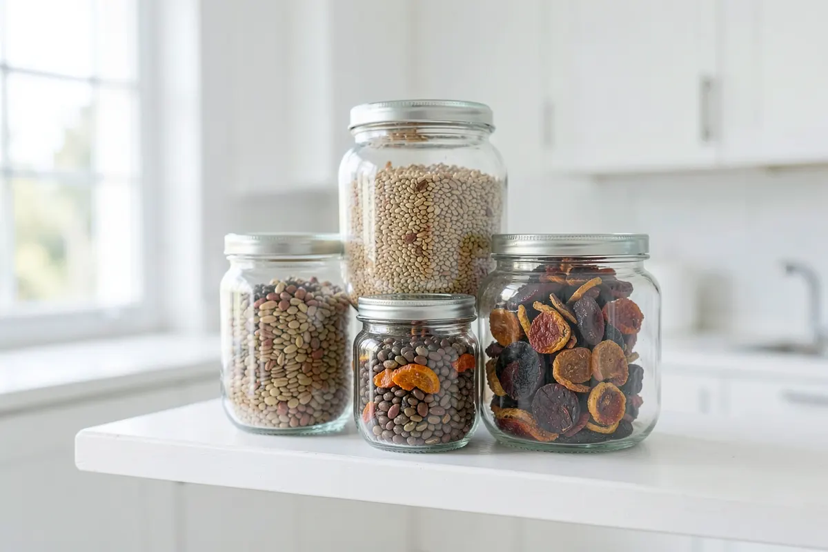 Um conjunto de potes de vidro com alimentos naturais preparados, como grãos, legumes e frutas secas, organizados em uma prateleira.