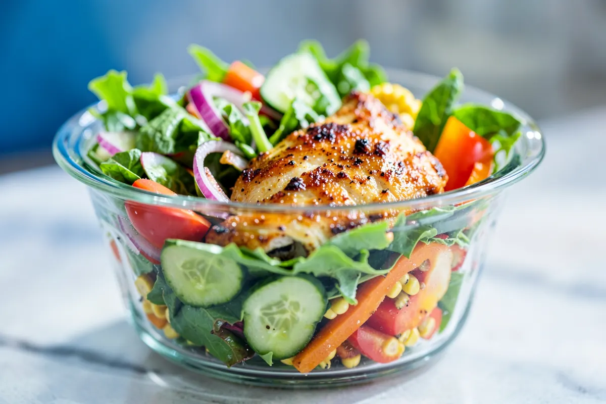 Pote de vidro com salada fresca, frango grelhado e legumes coloridos, close-up em foco suave