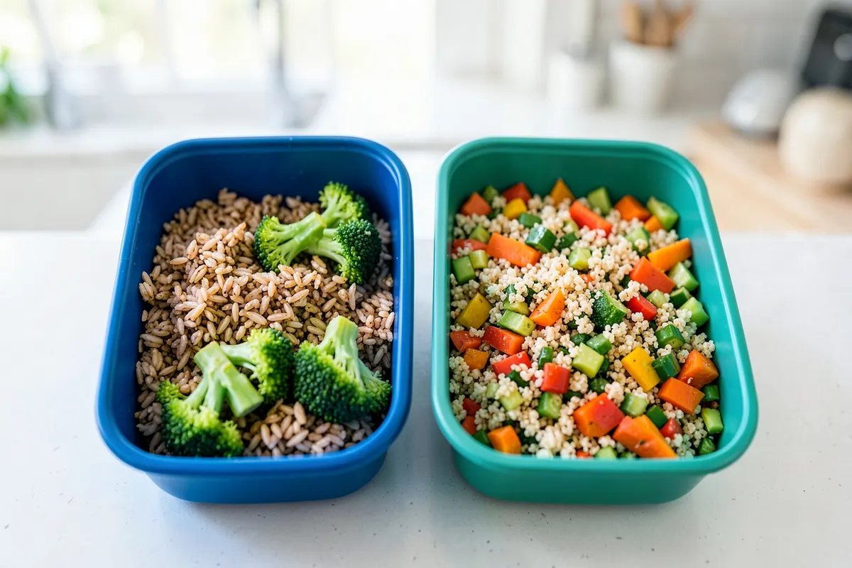 Duas marmitas saudáveis lado a lado, uma com arroz integral e brócolis, outra com quinoa e legumes, em uma bancada de cozinha vista de cima