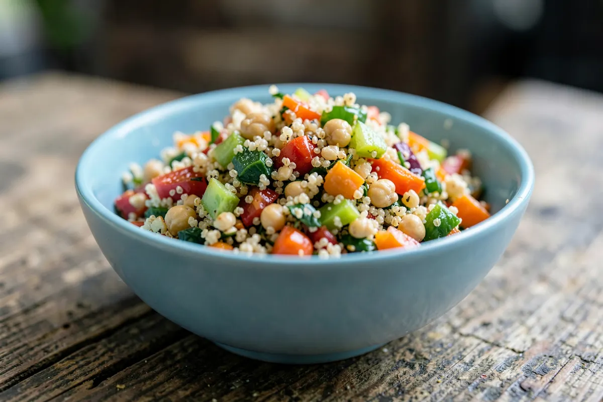 Tigela com salada colorida de quinoa, legumes e grão de bico, em mesa de madeira rústica.