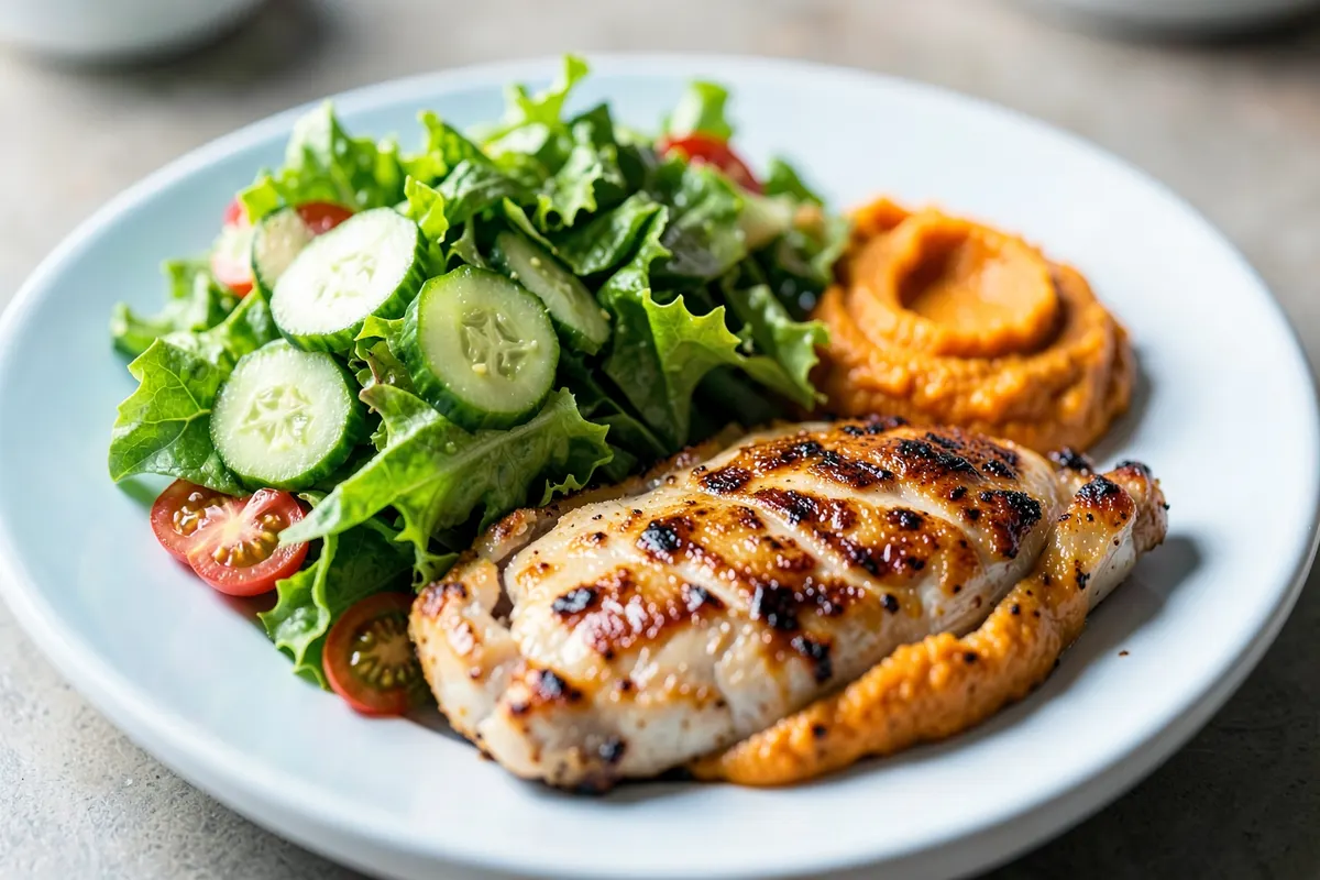 Prato dividido em seções: metade com salada verde, um quarto com frango grelhado e um quarto com purê de abóbora.