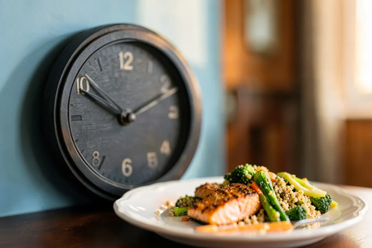 Relógio de parede marcando 20:00h, com um prato de comida saudável ao lado em foco suave.