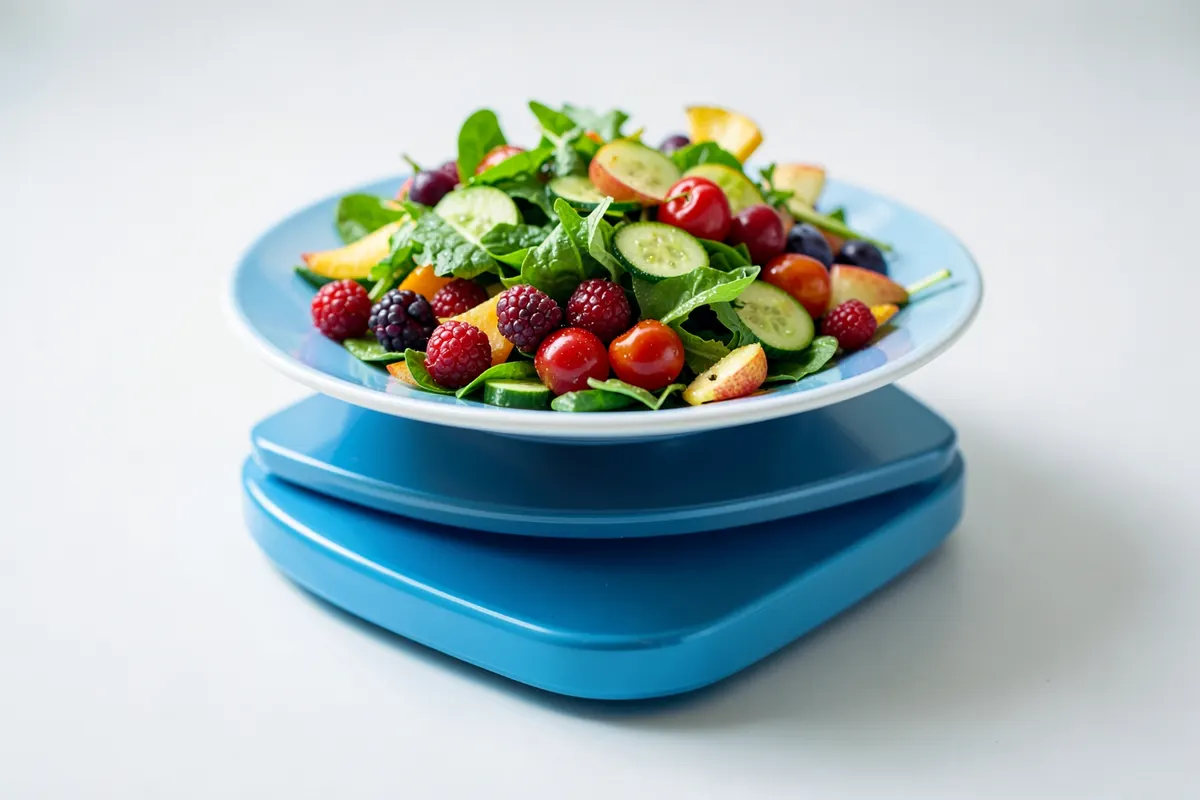 Balança de cozinha com um prato de salada e frutas, em fundo claro e limpo.