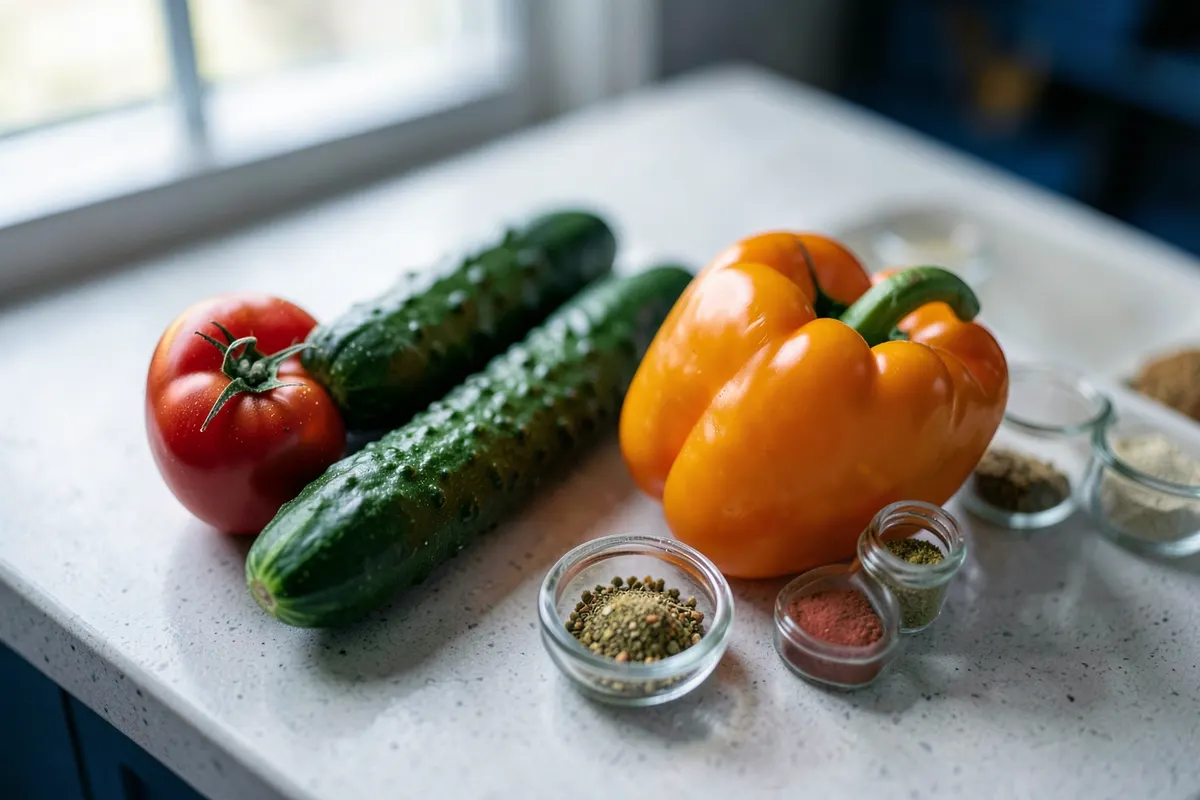 Mãos organizando ingredientes frescos em uma bancada de cozinha iluminada: tomate, pepino, pimentão e temperos.