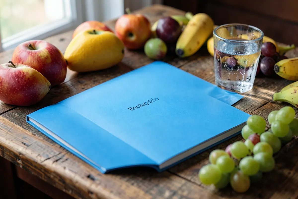 Livro aberto com a palavra "Reeducação" em destaque, sobre uma mesa com frutas e um copo d'água.