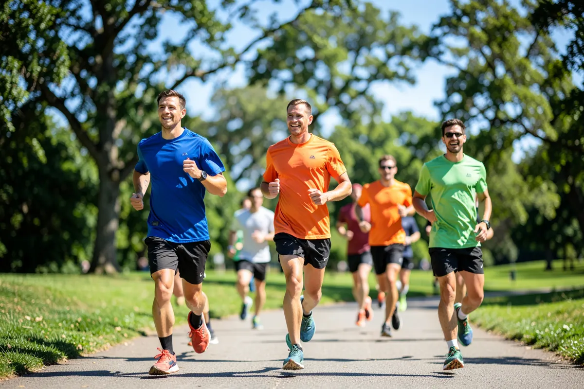Um grupo de corredores de rua correndo juntos em um parque em plano geral, com luz do sol do meio-dia vindo de cima.