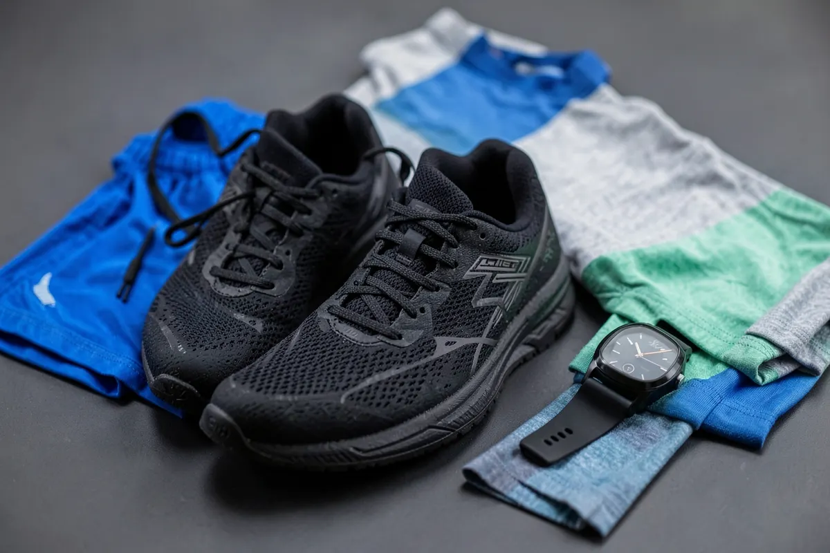 Um conjunto de equipamentos de corrida: tênis, shorts, camiseta e um relógio esportivo, em plano médio, com luz suave vinda da frente.