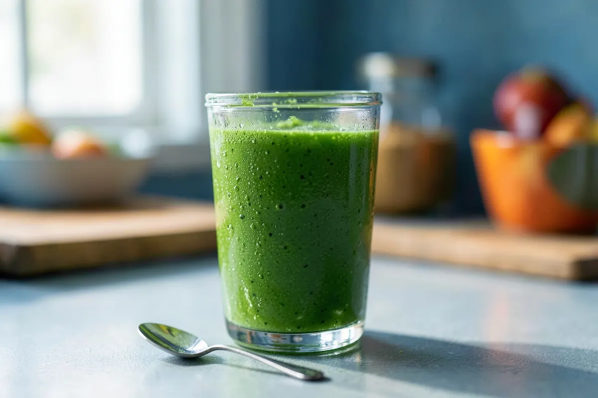 Um copo com smoothie verde e uma colher ao lado, sobre uma bancada de cozinha.