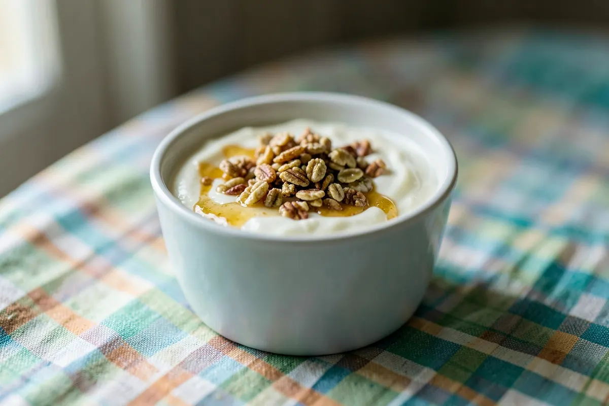 Um pote de iogurte natural com granola e mel, sobre uma toalha de mesa xadrez.