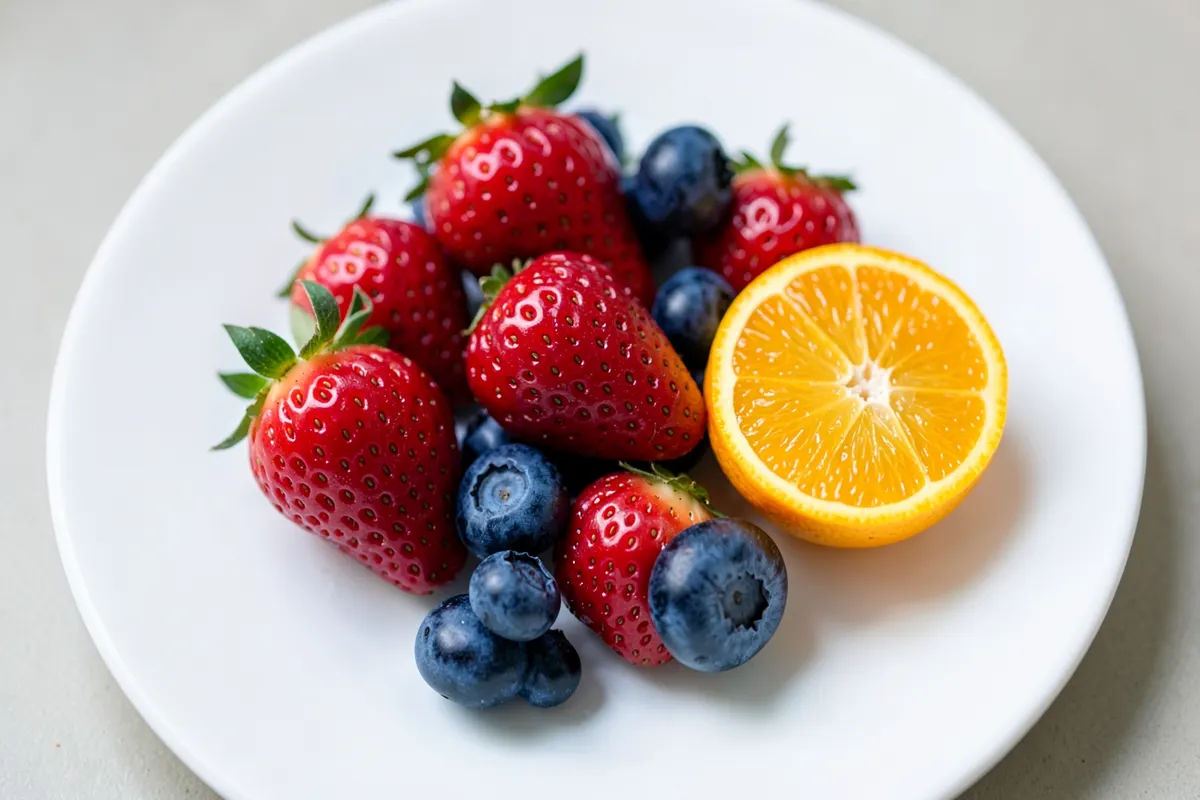 Uma seleção de frutas frescas como morangos, mirtilos e uma laranja cortada, dispostas artisticamente.