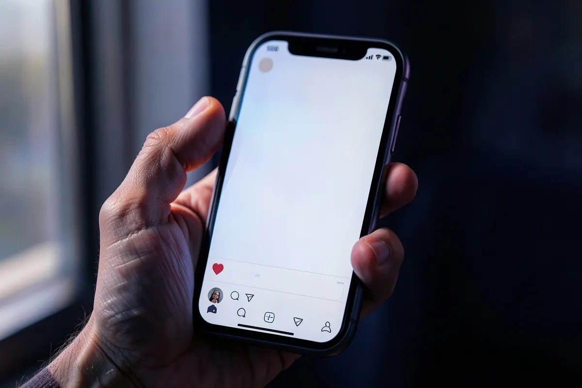 Uma mão segurando um celular exibindo um feed de mídia social vazio, com uma expressão de tédio.