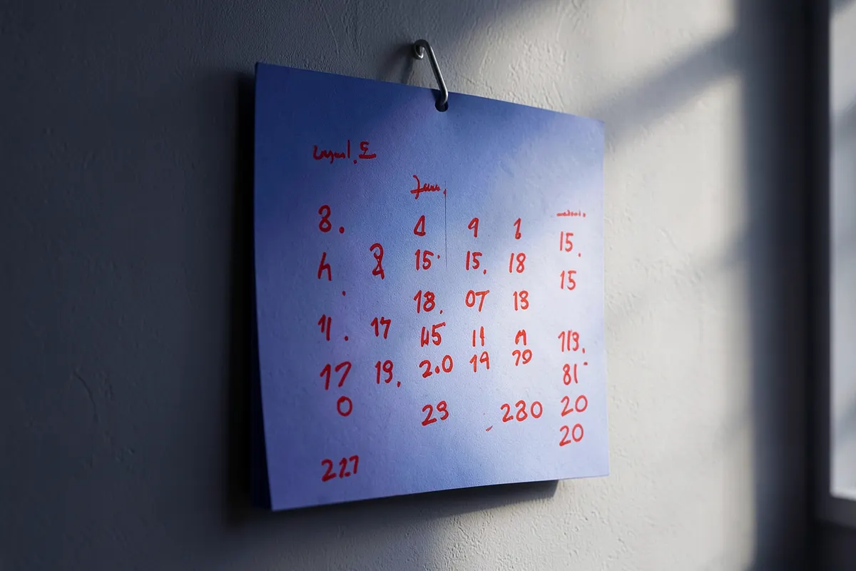 Um calendário com os dias marcados em vermelho, simbolizando a urgência de postar vídeos.