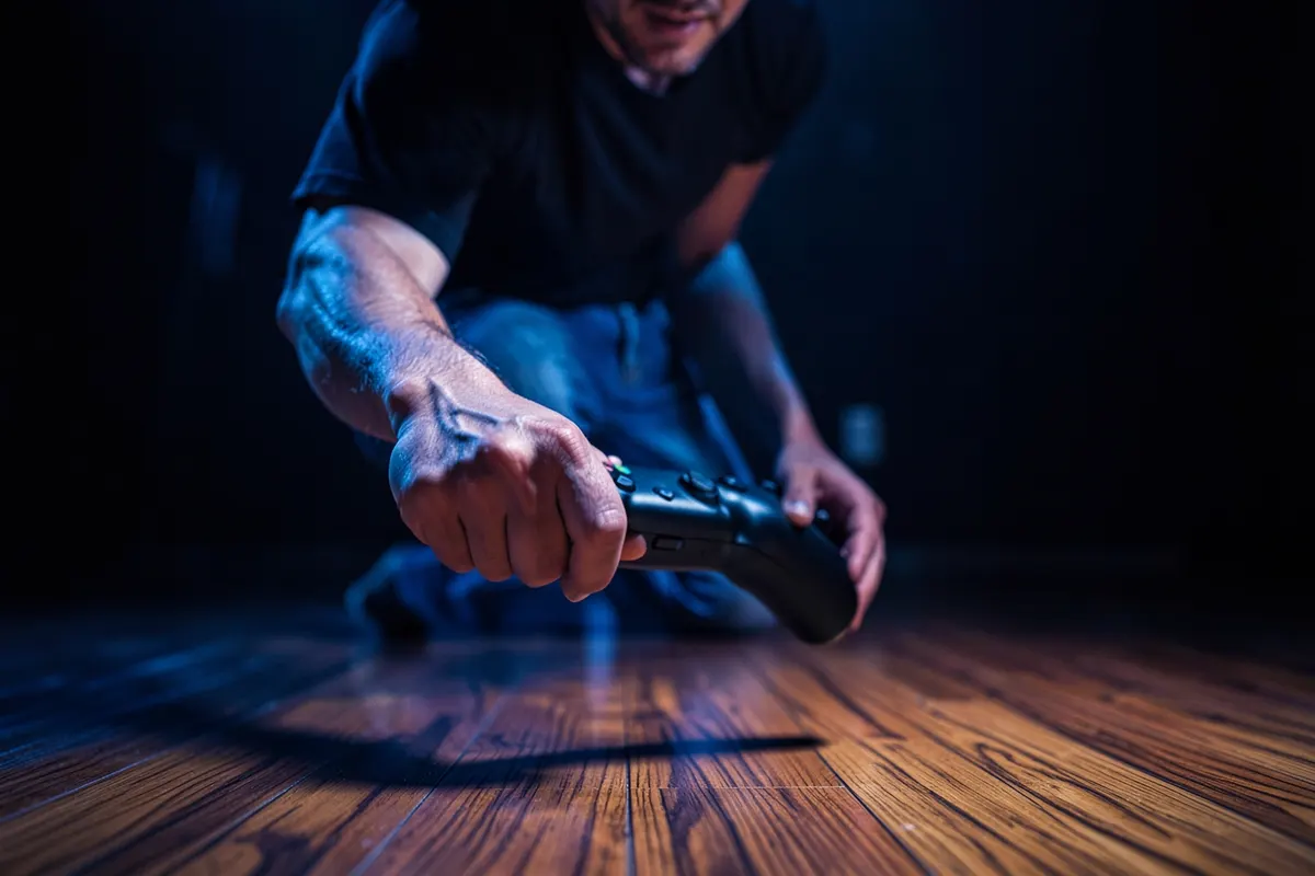 Uma pessoa desistindo e jogando um controle de videogame no chão.