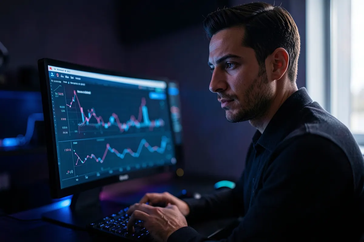 Uma pessoa pensativa olhando para uma tela de computador com gráficos complexos, em um escritório moderno.