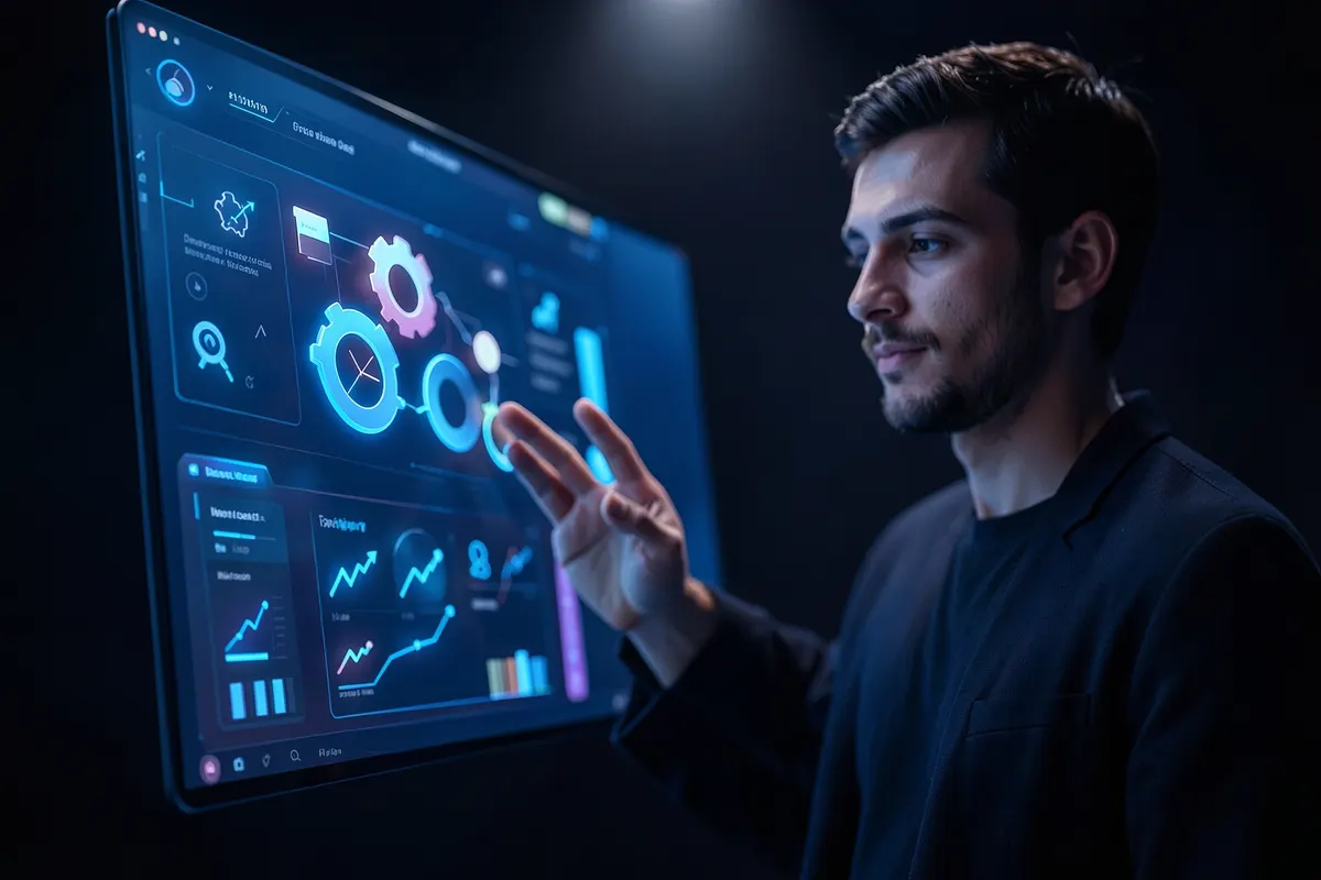 Uma pessoa escolhendo entre várias ferramentas digitais em uma tela, com ícones de engrenagens e gráficos.