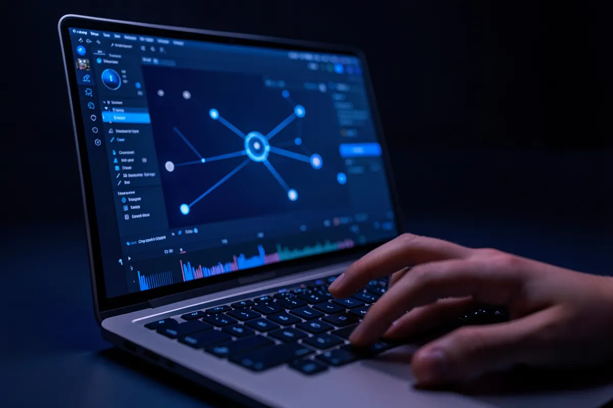 Um close-up de um laptop mostrando um software de edição de vídeo com elementos de IA, com uma mão no teclado.