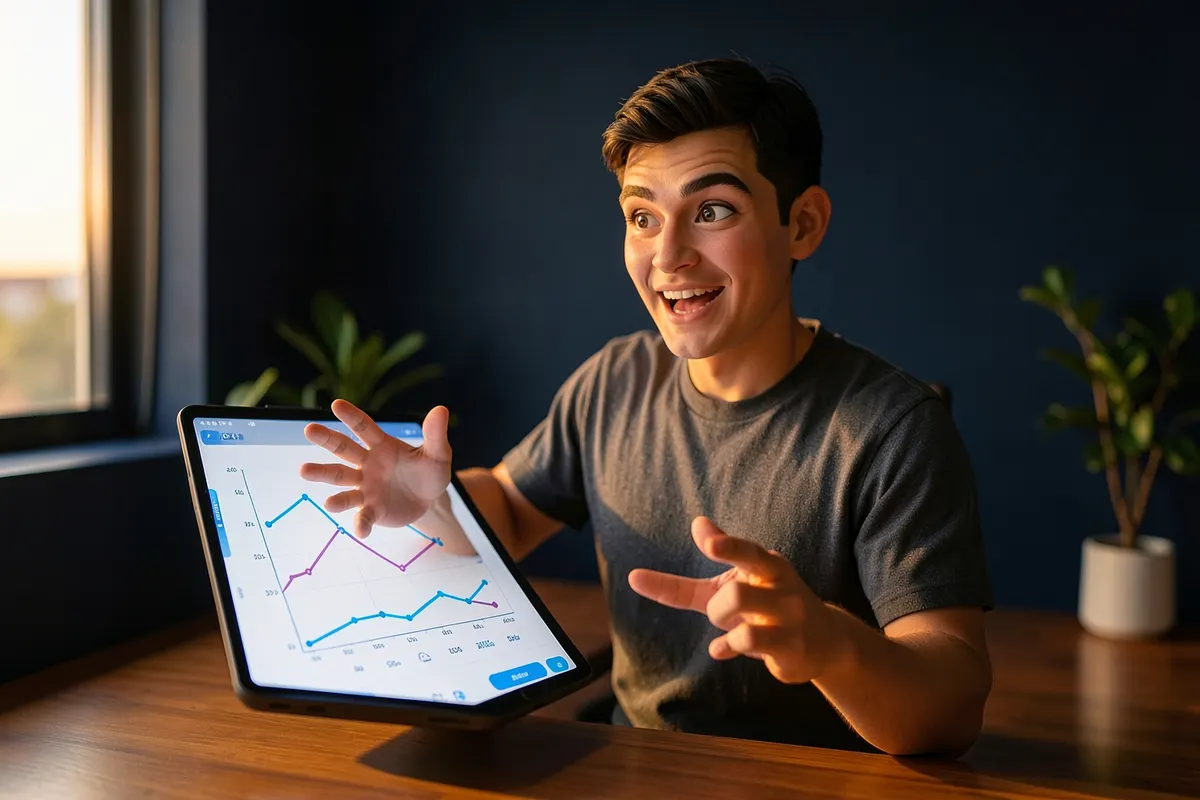 Um criador de conteúdo animado gesticulando enquanto explica um gráfico de crescimento em um tablet.