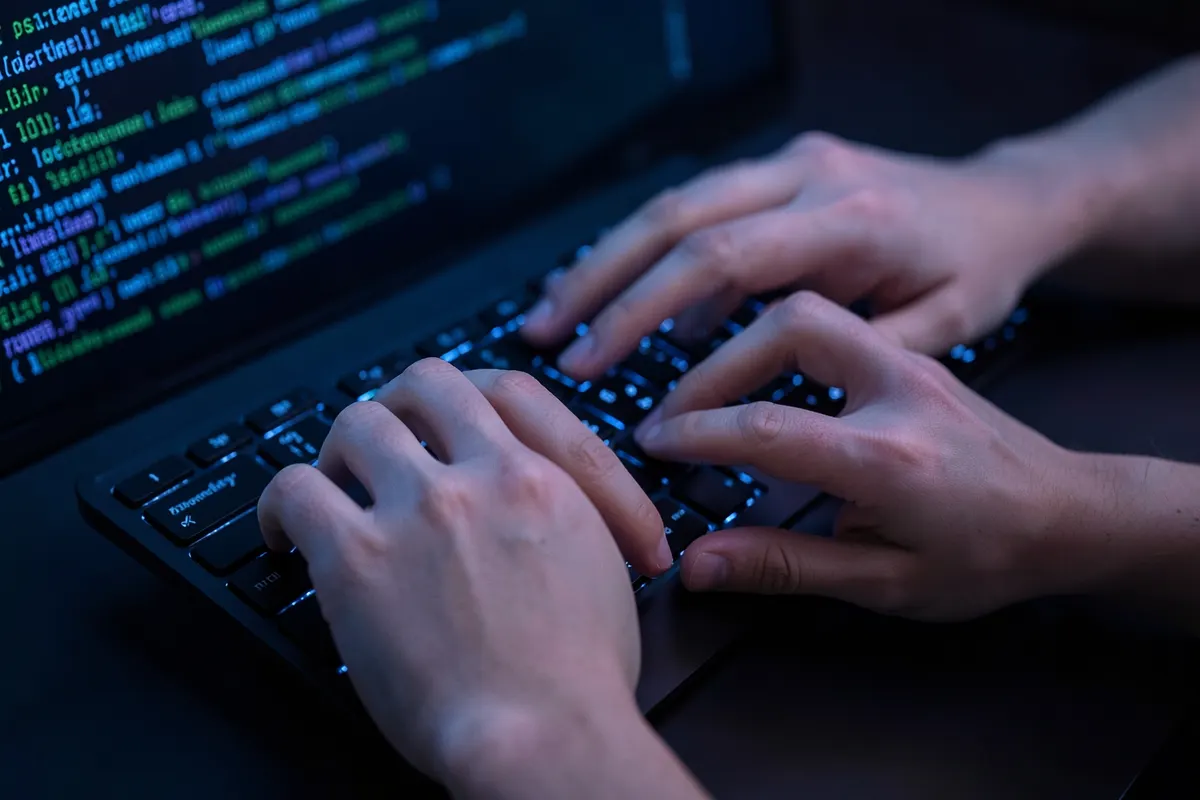 Mãos digitando em um teclado com linhas de código fluindo na tela, simbolizando a automação de processos.