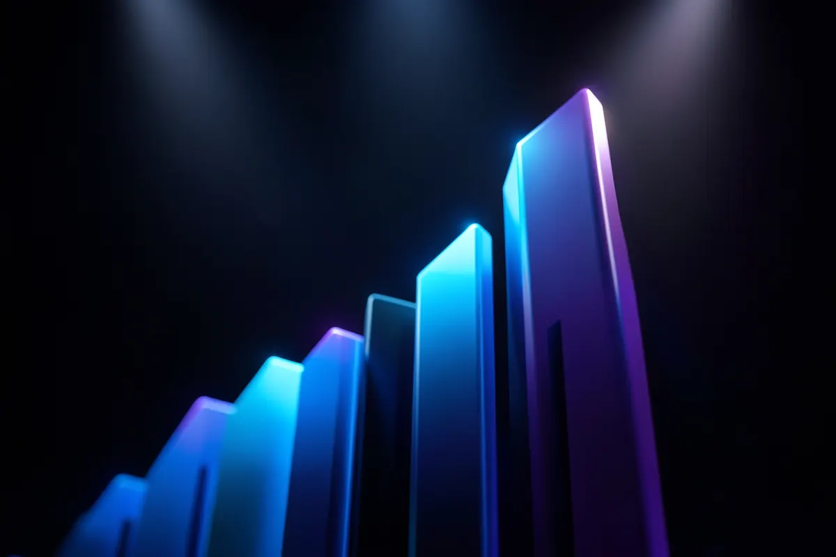 Gráfico de barras abstrato mostrando crescimento em um fundo escuro.