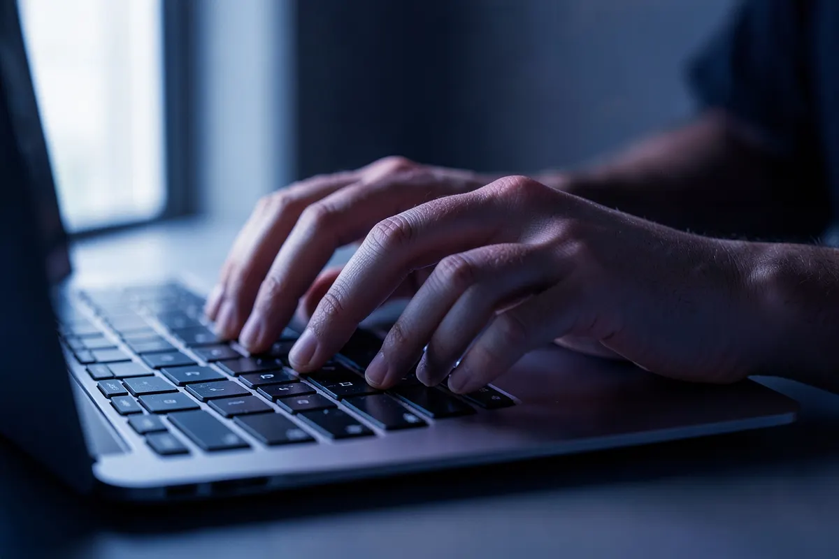 Pessoa trabalhando em um laptop em um café.