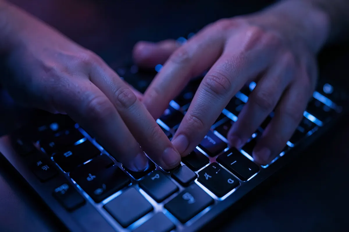 Mãos digitando em um teclado de computador.