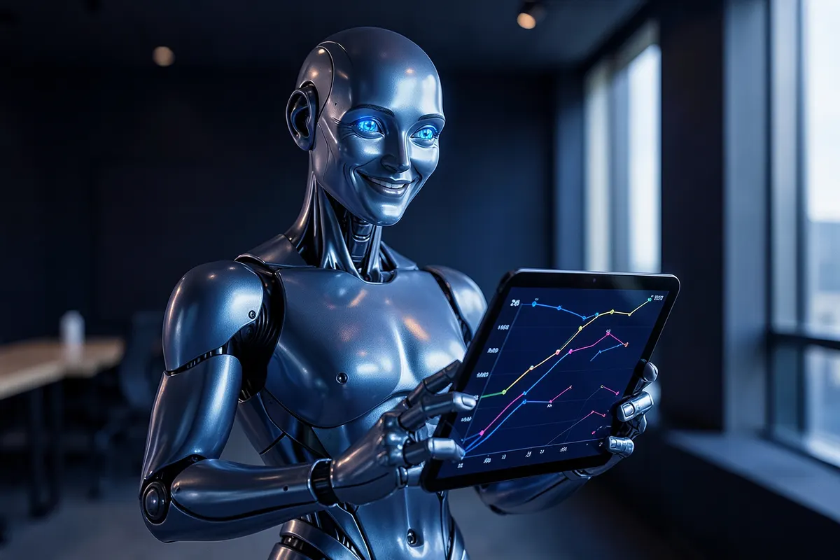 Um robô humanoide sorrindo e segurando um tablet que exibe um gráfico de crescimento, em um escritório moderno.