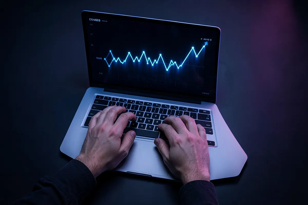 Uma pessoa usando um laptop com gráficos de engajamento subindo, simbolizando o sucesso na criação de conteúdo viral.