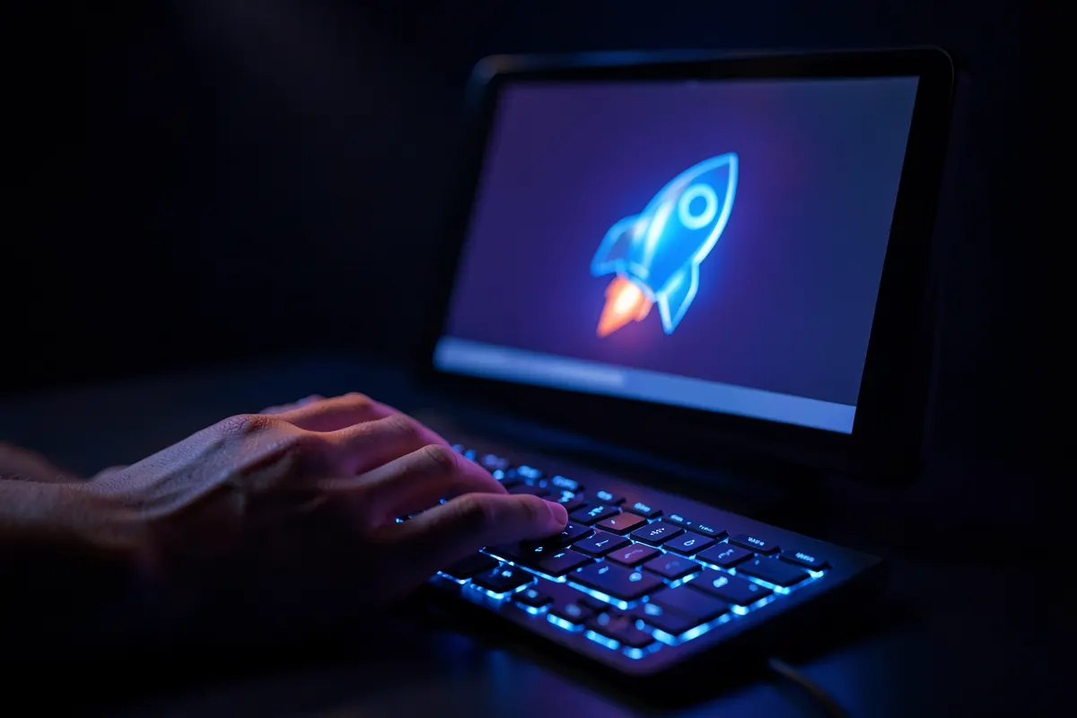 Uma mão escrevendo um prompt em um teclado, com a tela do computador exibindo um ícone de foguete decolando.