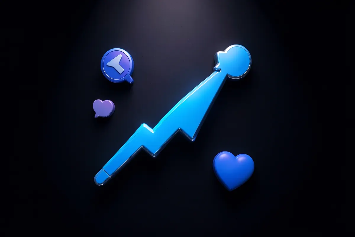 Um gráfico de rede social mostrando um pico de popularidade, com ícones de compartilhamento e curtidas ao redor.