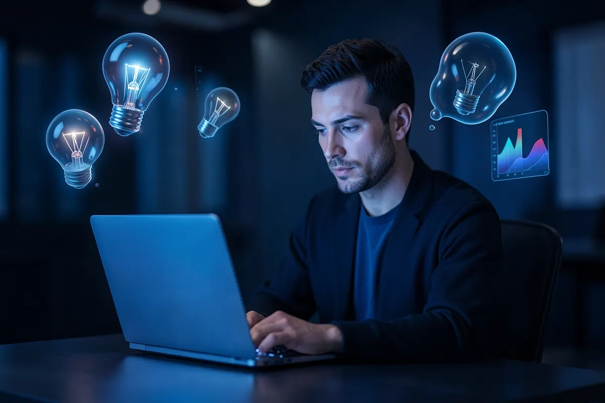 Um escritor usa um laptop cercado por ideias visuais flutuantes, como lâmpadas e gráficos.