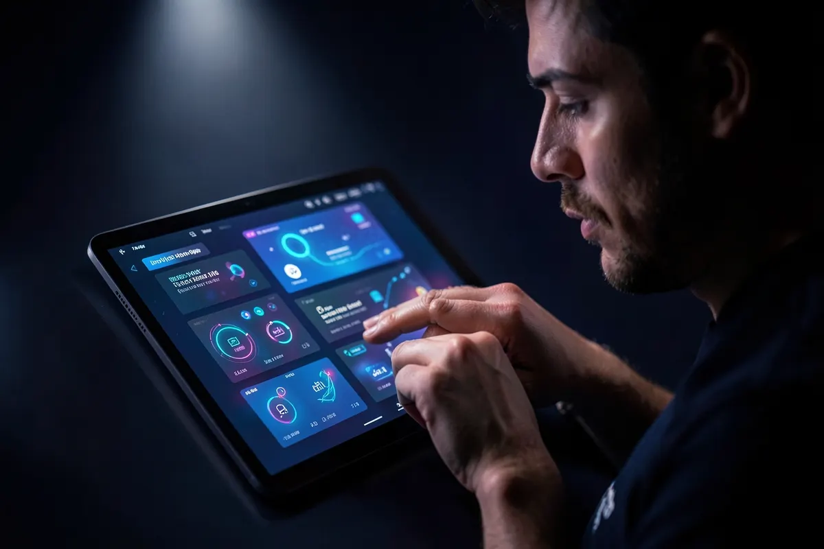 Uma pessoa escolhe entre várias interfaces de IA em um tablet.